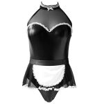 Black Alluring Servant Girls Mesh Patent Leather One-piece Suit - Image 4