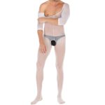 Pure White Crotchless Low Cut Jampsuit Teddy For Men - Image 3