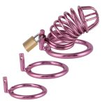 Gold/DarkPink Metal Chastity Cage Device(3 Rings) - Image 7