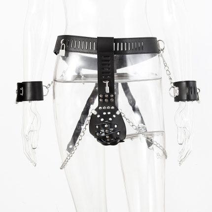 Leather Male Chastity Belt With Cuffs