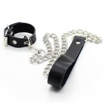 Buckling Cock Ring And Chain Leash Set - Real Leather