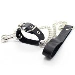 Buckling Cock Ring And Chain Leash Set - Real Leather - Image 3